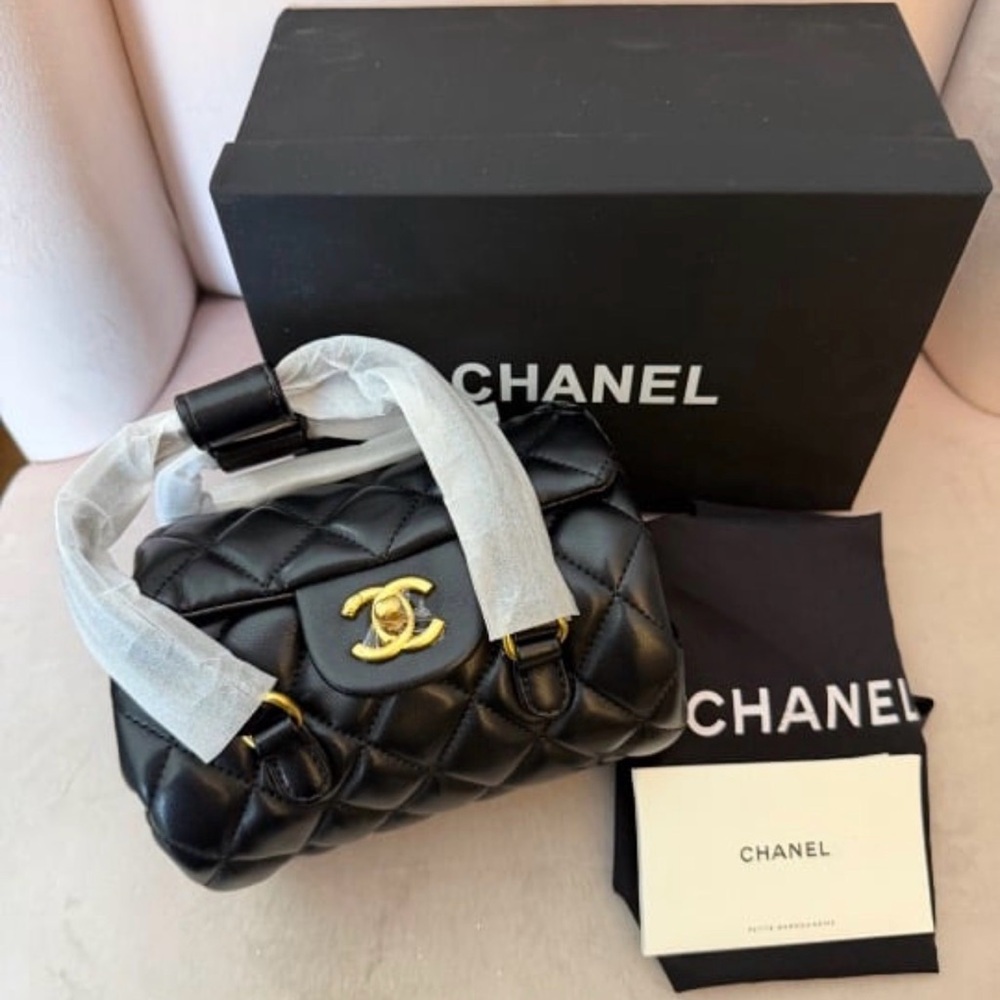VIP Black Quilted Chanel Beauty Make Up Small Bag with Gold Chain